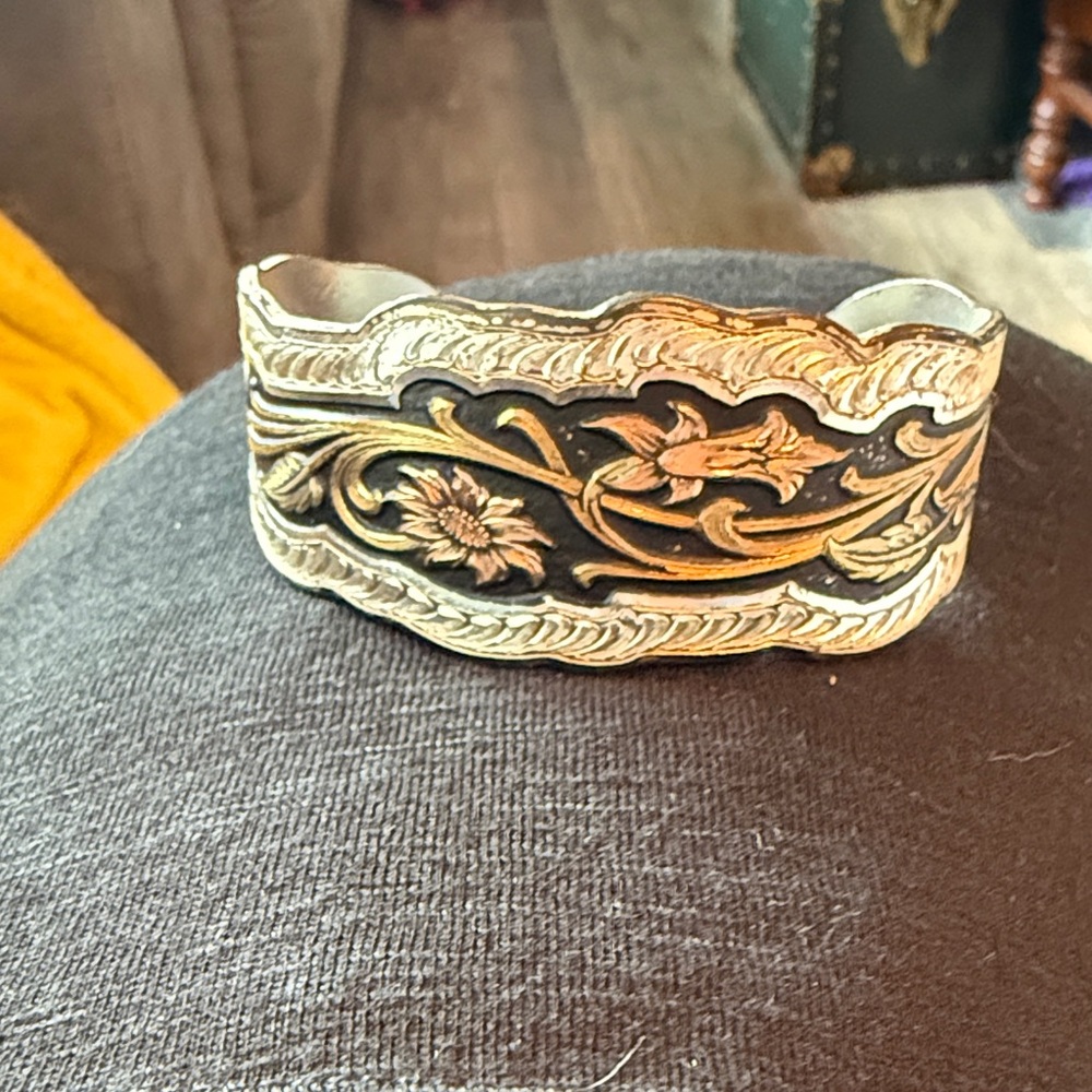 Floral Silver and Gold Cuff Bracelet